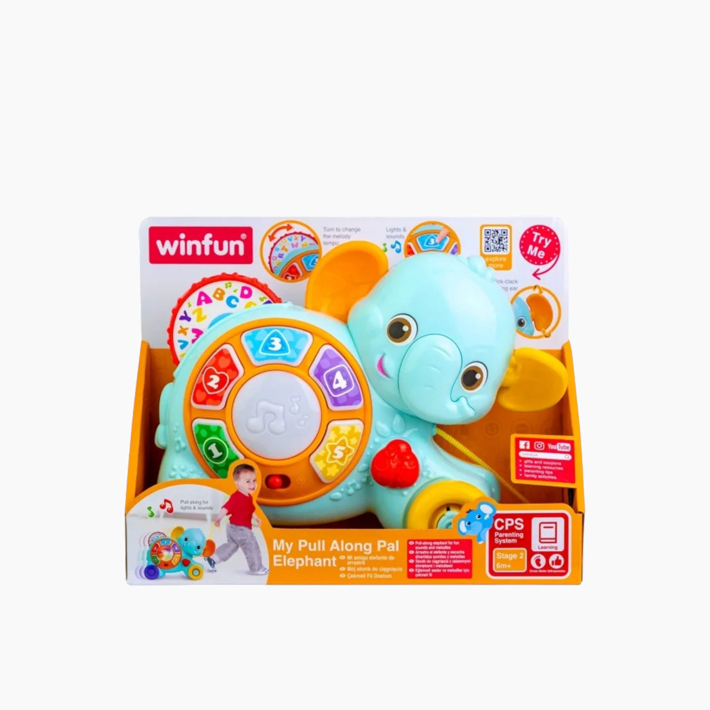 Pull-along elephant toy with Arabic language features