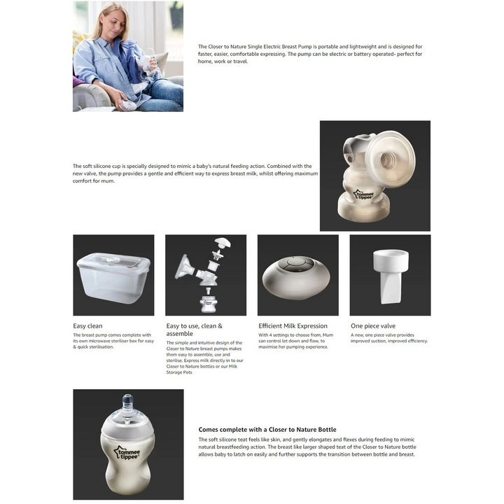 Closer to Nature single electric breast pump with soft silicone funnel