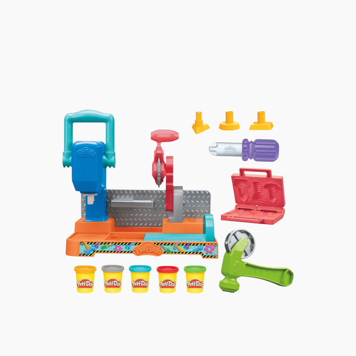 Hasbro Play-Doh Stamp &amp; Saw Tool Bench play dough tool set with 5 cans of Play-Doh