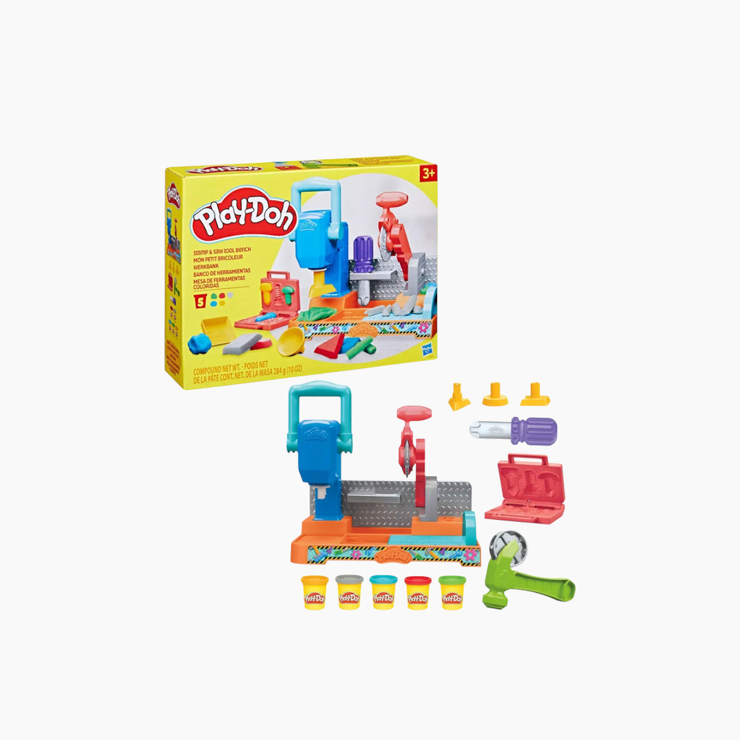 Hasbro Play-Doh Stamp &amp; Saw Tool Bench play dough tool set with 5 cans of Play-Doh