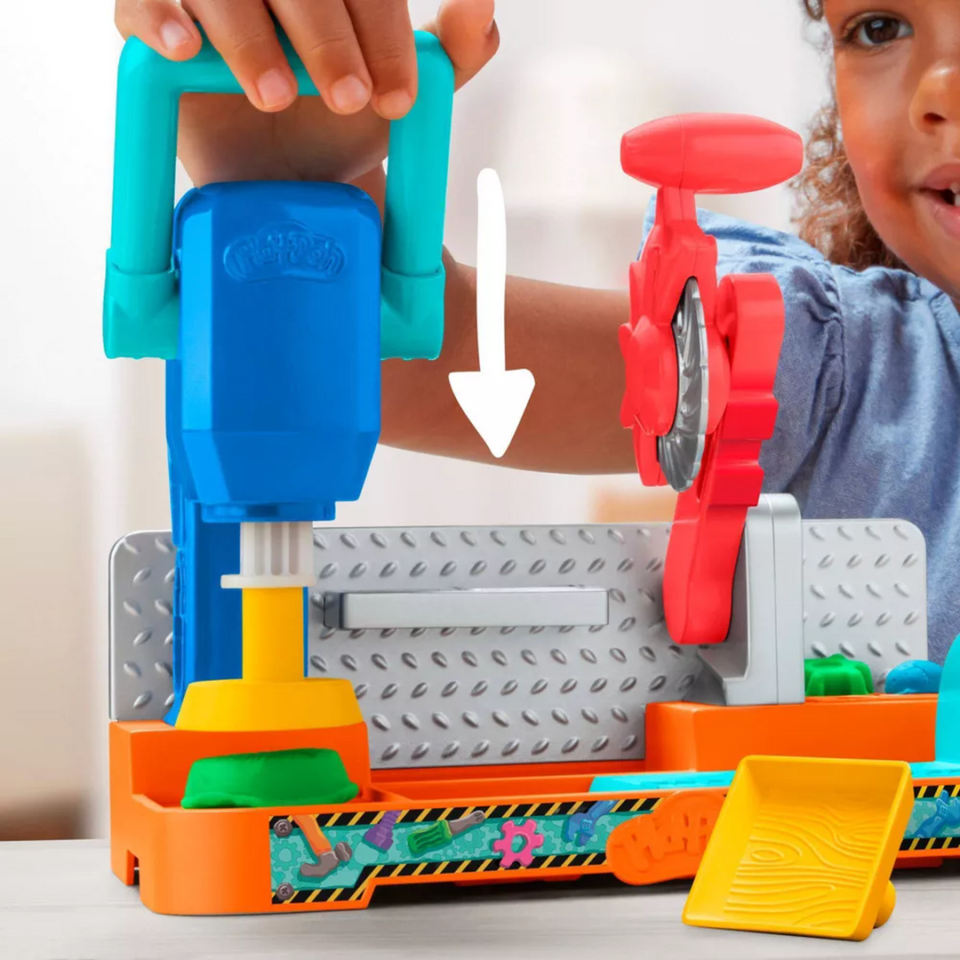 Hasbro Play-Doh Stamp &amp; Saw Tool Bench play dough tool set with 5 cans of Play-Doh