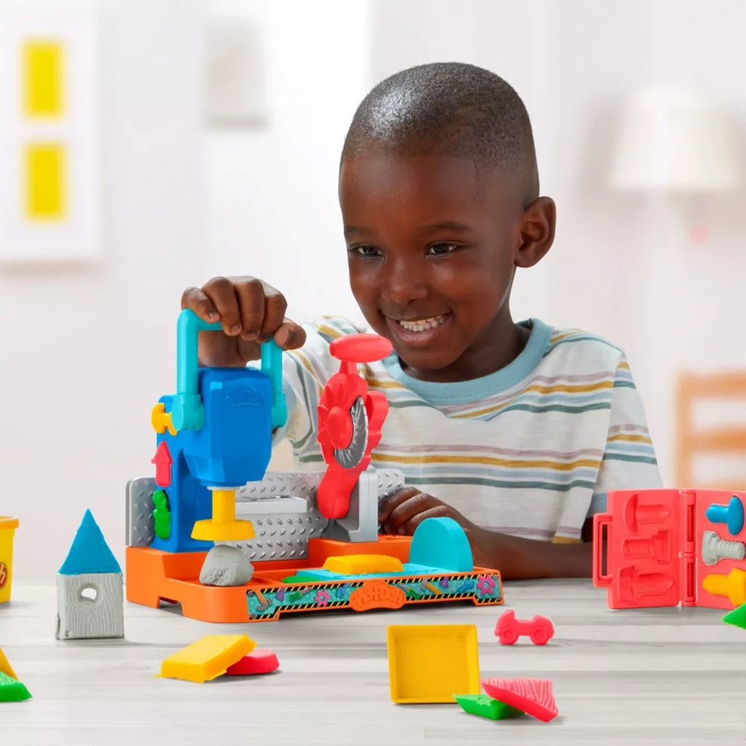 Hasbro Play-Doh Stamp &amp; Saw Tool Bench play dough tool set with 5 cans of Play-Doh