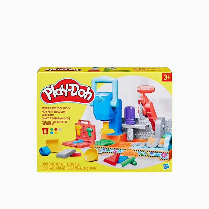 Hasbro Play-Doh Stamp &amp; Saw Tool Bench play dough tool set with 5 cans of Play-Doh