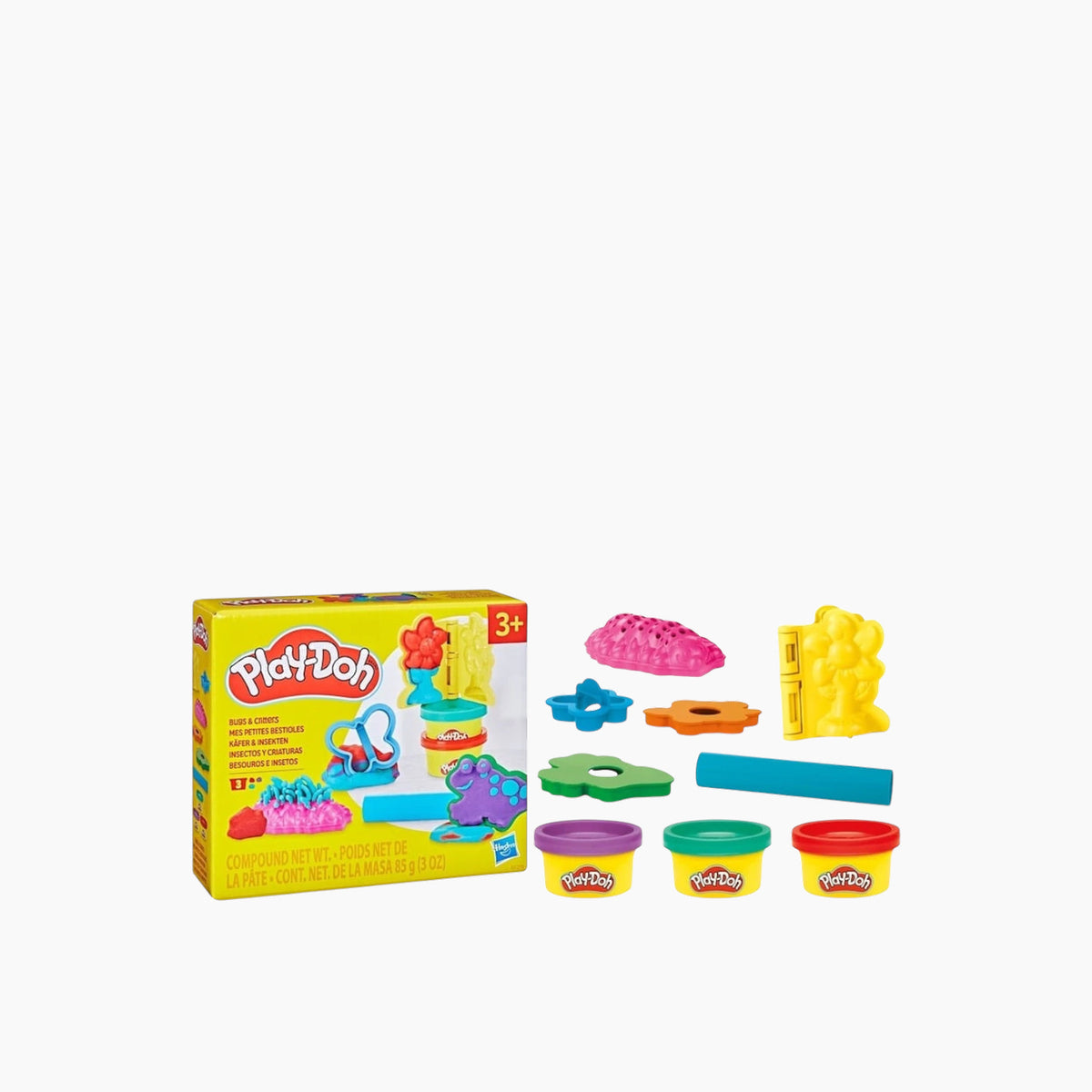 Play-Doh Bugs & Critters Set with caterpillar presser, flower book-mold, butterfly cutter, turtle stamper, frog stamper, and roller