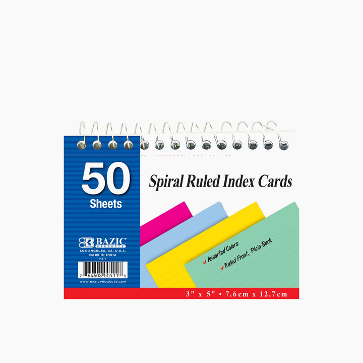 Bazic 50-Count Spiral-Bound 3" x 5" Ruled Colored Index Cards