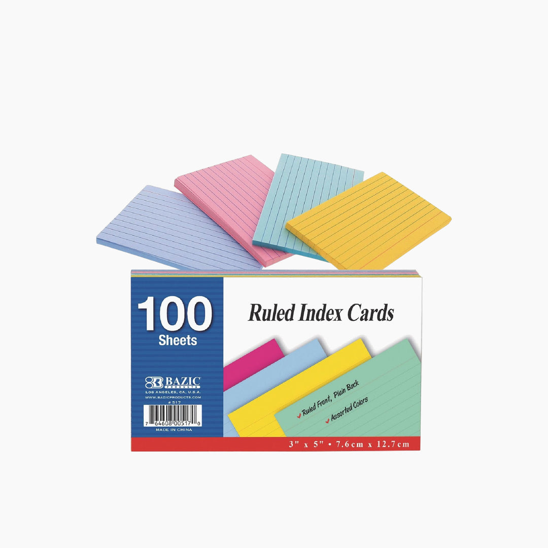 Bazic 50-Count Spiral-Bound 3" x 5" Ruled Colored Index Cards