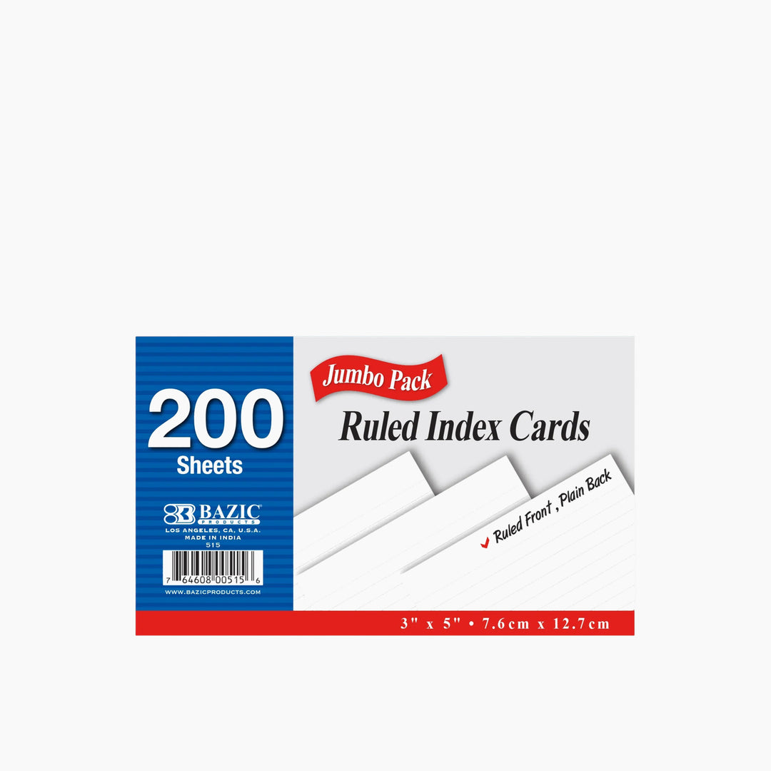 Bazic 200-Count 3" x 5" Ruled White Index Cards