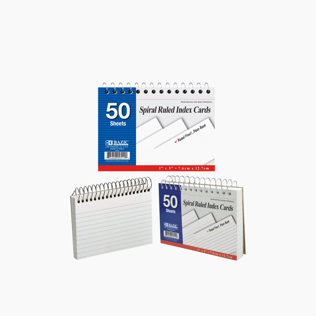 Bazic 50-Count Spiral-Bound 3" x 5" Ruled White Index Cards