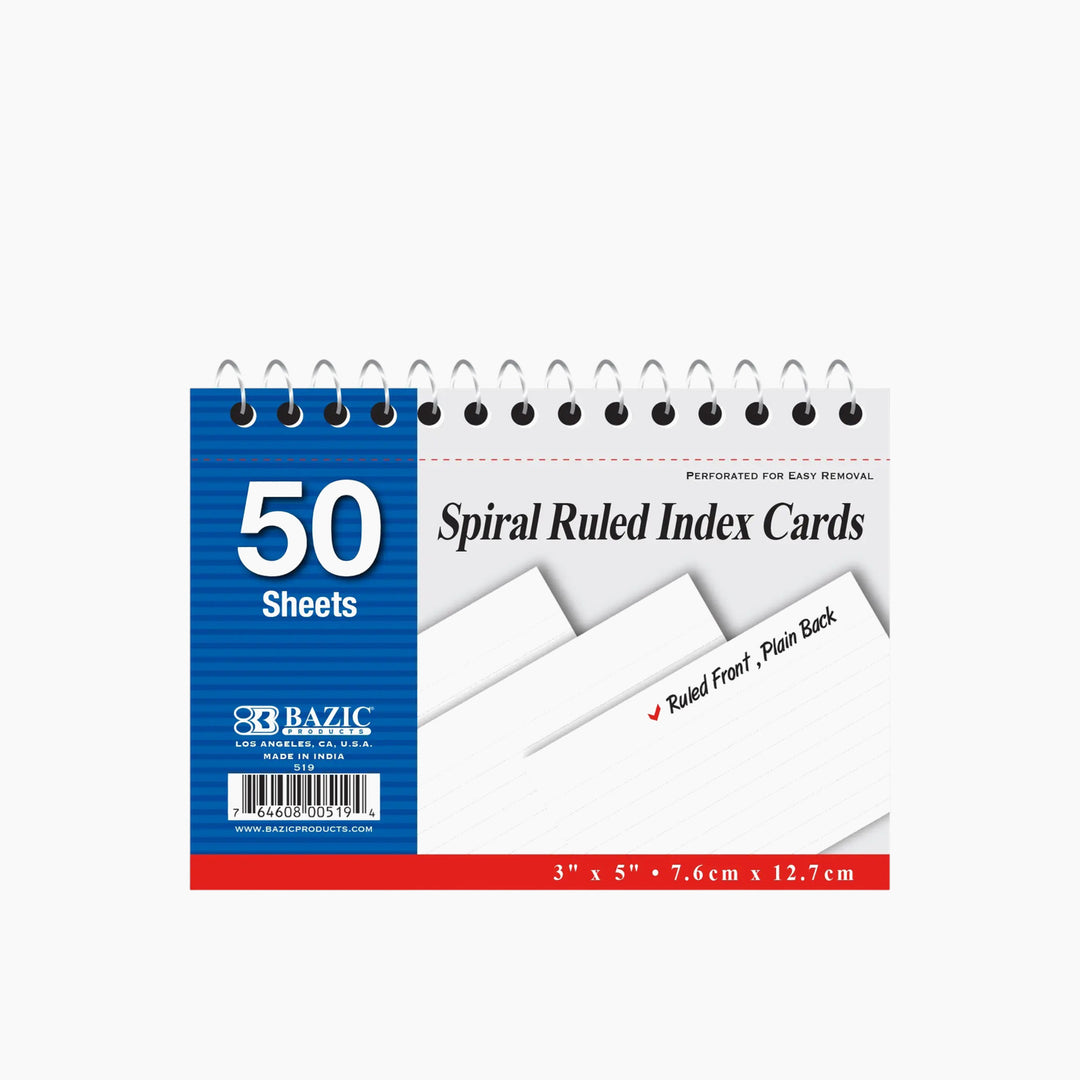 Bazic 50-Count Spiral-Bound 3" x 5" Ruled White Index Cards