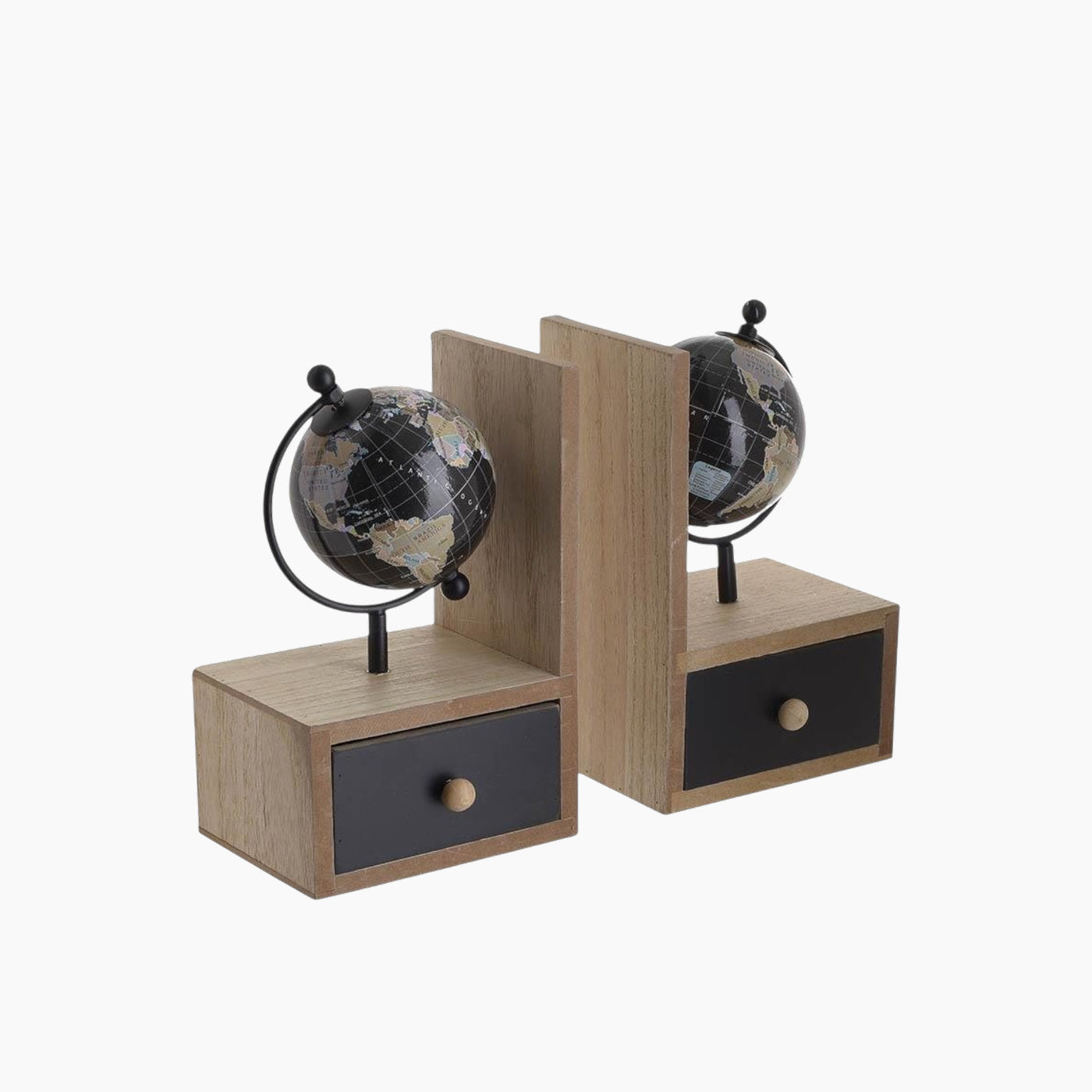 Inart S-2 wooden globe bookend in natural and black finish