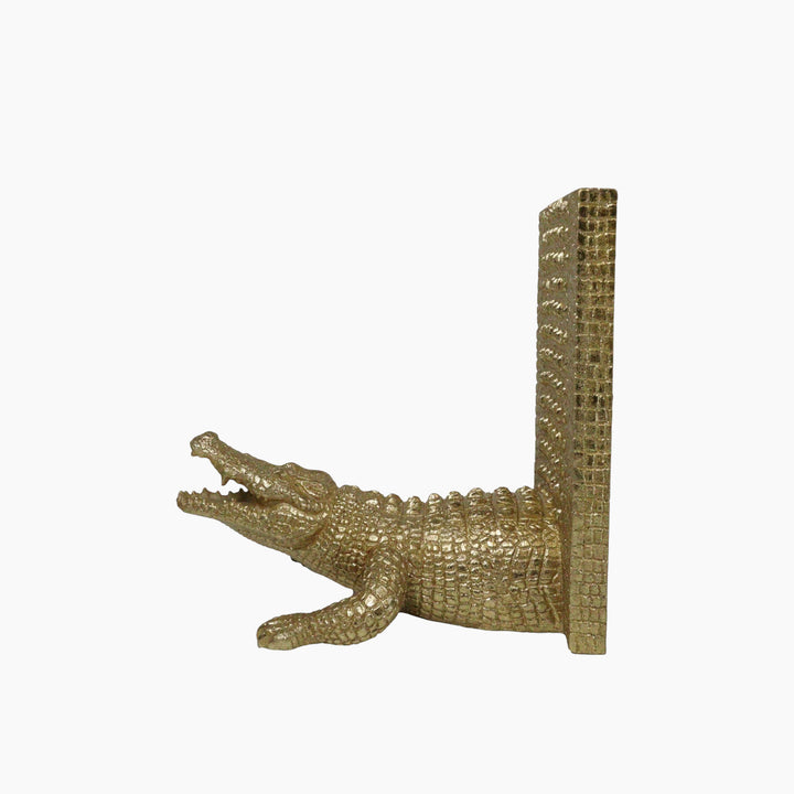Inart S-2 resin crocodile bookend in golden finish