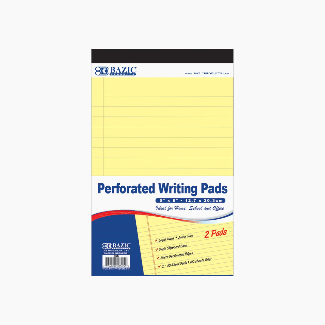 Bazic 50-Count 5" x 8" Canary Jr. Perforated Writing Pads 2-Pack