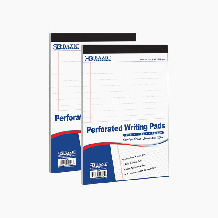 Bazic 50-Count 5" x 8" White Jr. Perforated Writing Pads 2-Pack