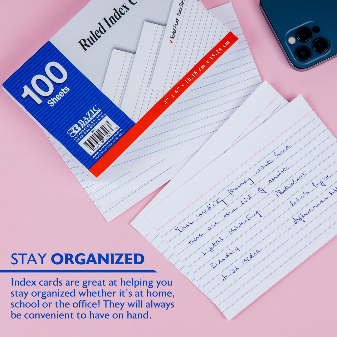 Bazic 100-Count 4" x 6" Ruled White Index Cards