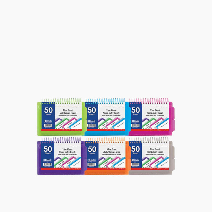 Bazic 50-Count View Poly Spiral-Bound 3" x 5" Ruled White Index Cards with 2-Tab Divider