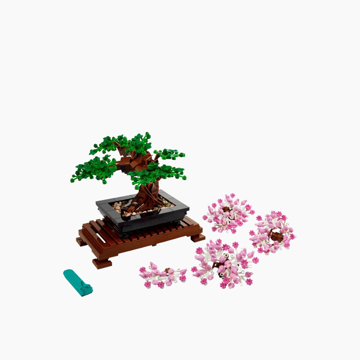 Lego Bonsai Tree construction set with customizable pink blossoms and green leaves