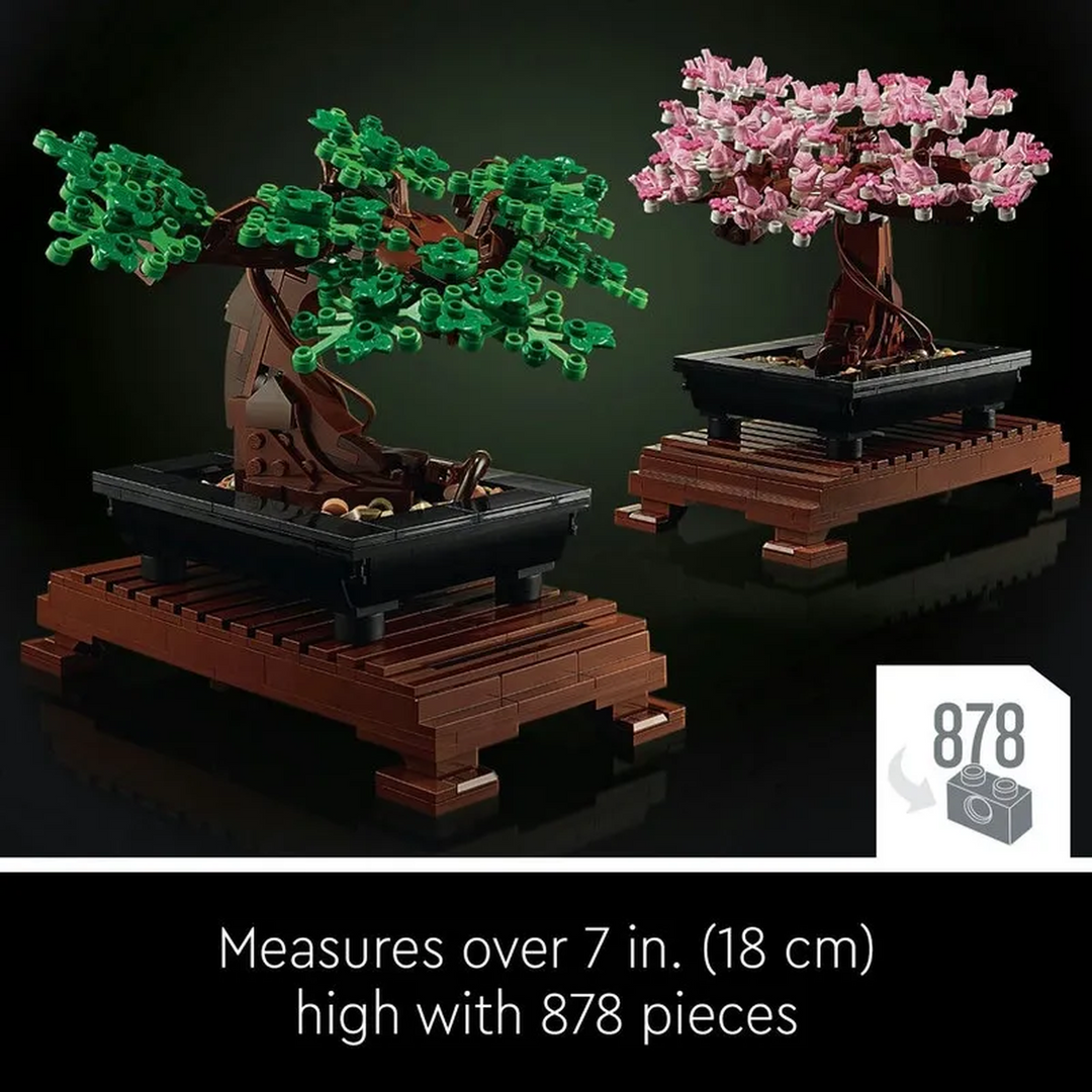 Lego Bonsai Tree construction set with customizable pink blossoms and green leaves