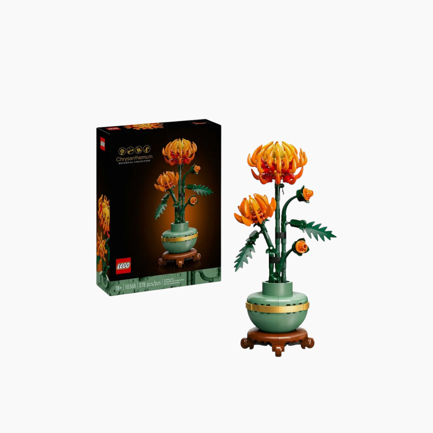 Lego 278-piece orange chrysanthemum botanical display with flowerpot and plinth