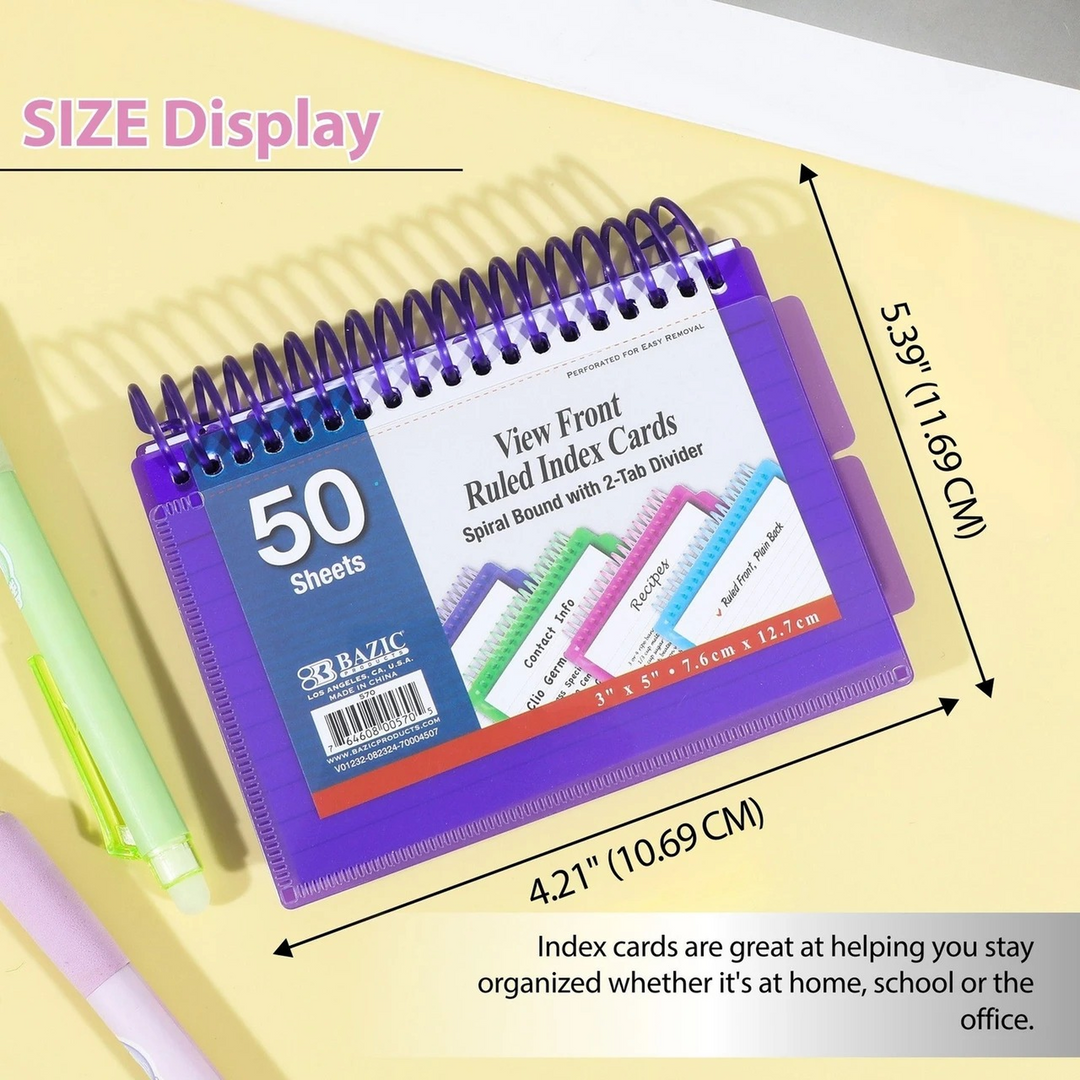 Bazic 50-Count View Poly Spiral-Bound 3" x 5" Ruled White Index Cards with 2-Tab Divider