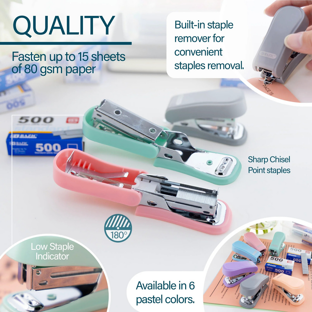 Bazic Mini Pastel Color Standard Stapler with 500-Count Staples - 26/6