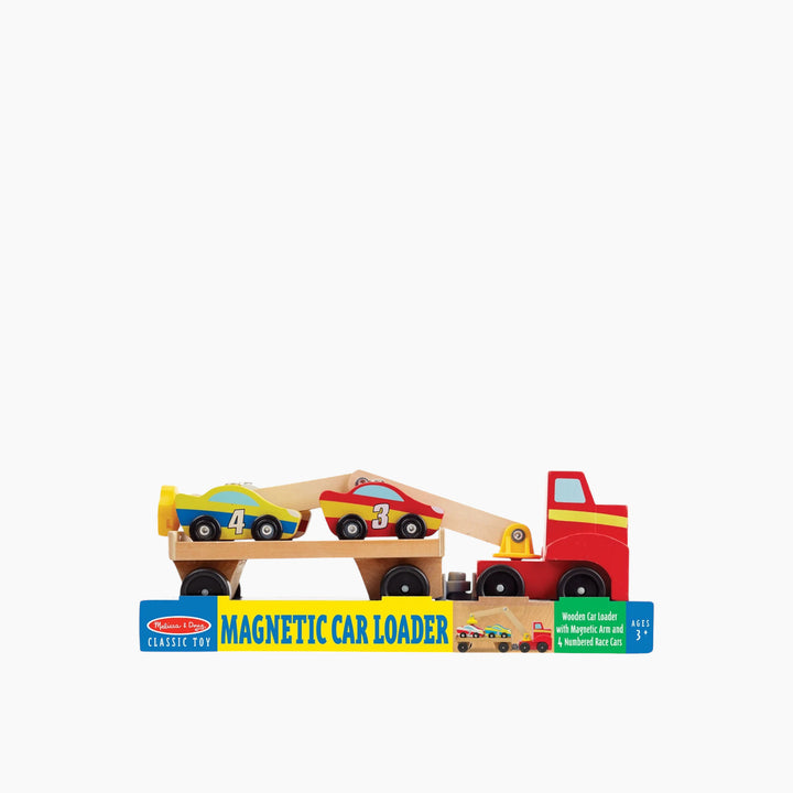 Magnetic wooden car loader toy with red truck and four cars