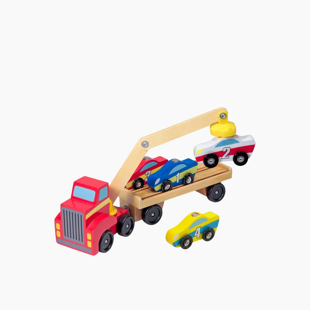 Magnetic wooden car loader truck with four cars