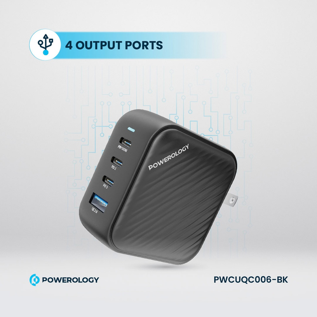 Powerology Triple PD GaN Charger + 1 QC3.0 World Travel Kit Charger