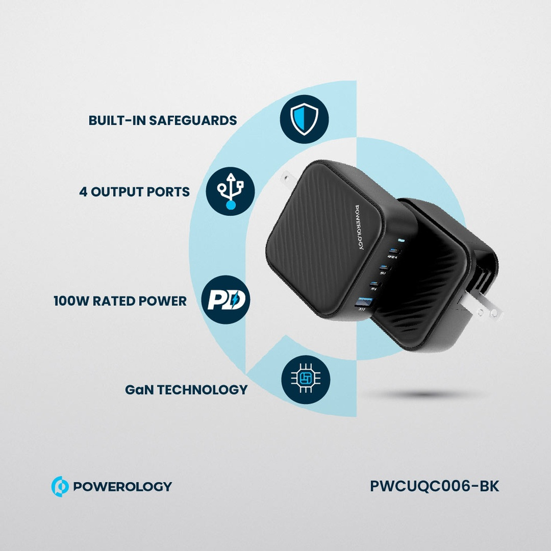 Powerology Triple PD GaN Charger + 1 QC3.0 World Travel Kit Charger