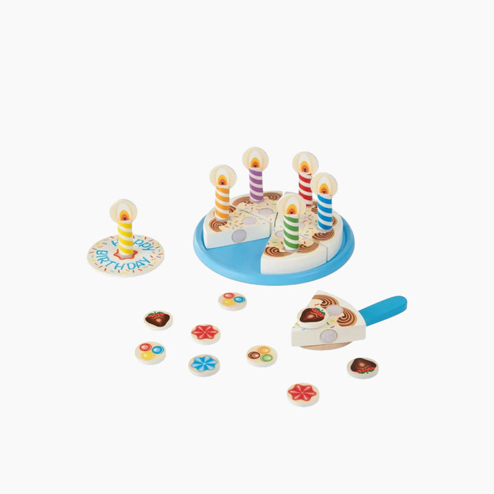 Melissa &amp; Doug wooden birthday cake play set with removable candles and toppings