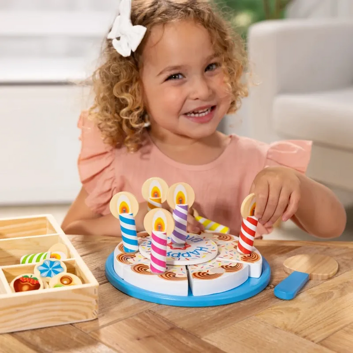 Melissa &amp; Doug wooden birthday cake play set with 34 pieces