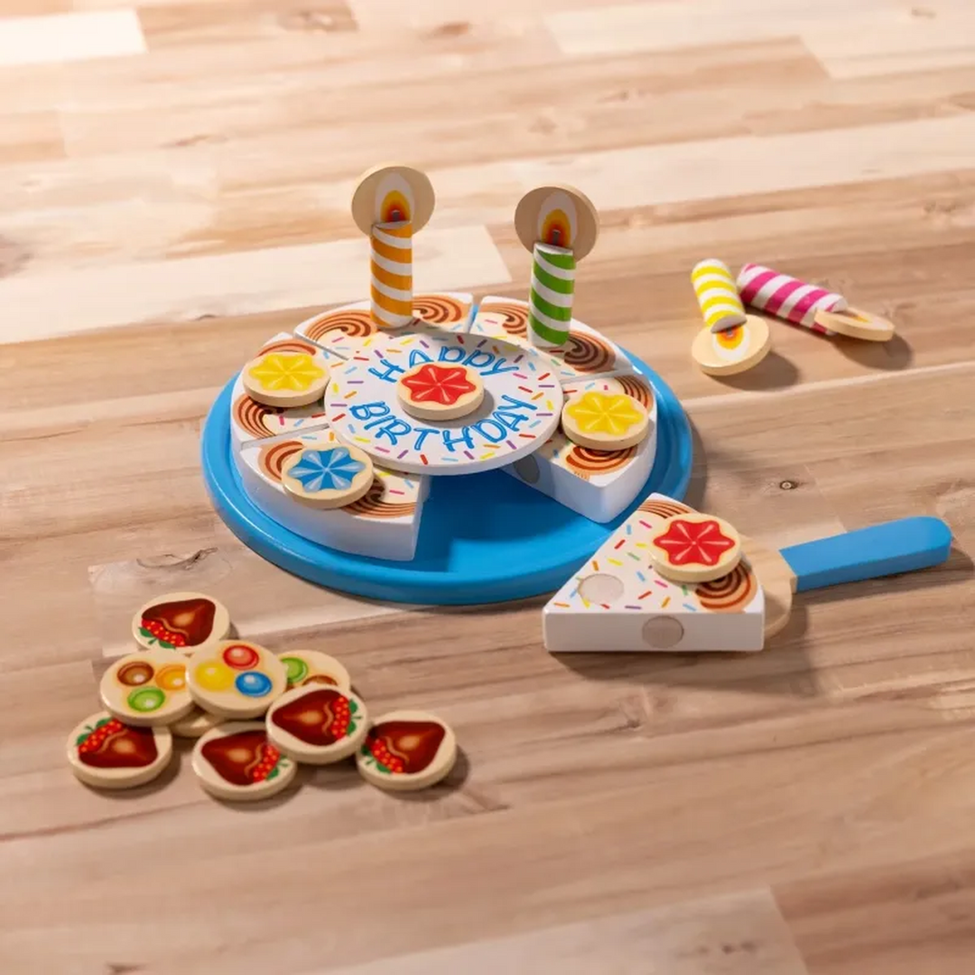 Melissa &amp; Doug wooden birthday cake play set with 34 pieces