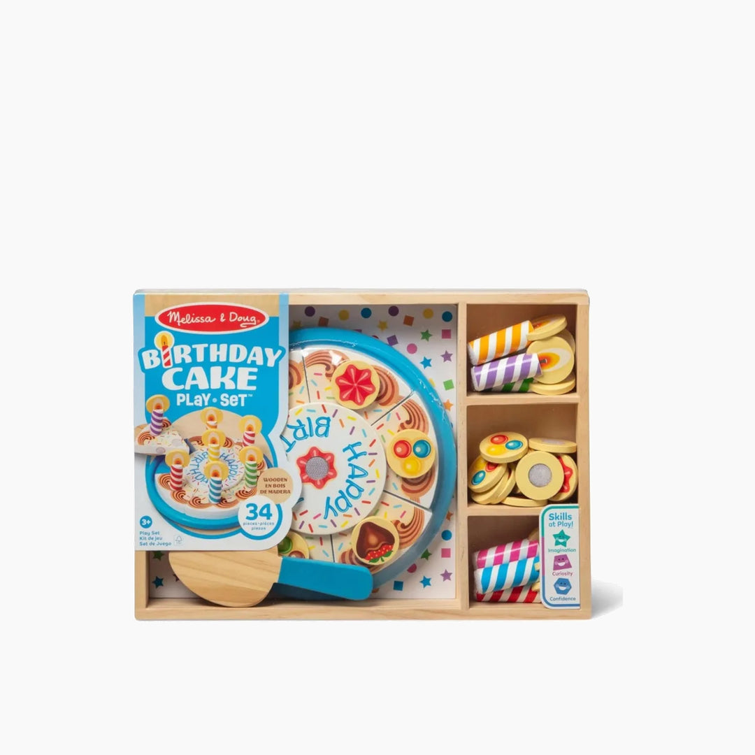 Melissa &amp; Doug wooden birthday cake play set with 34 pieces