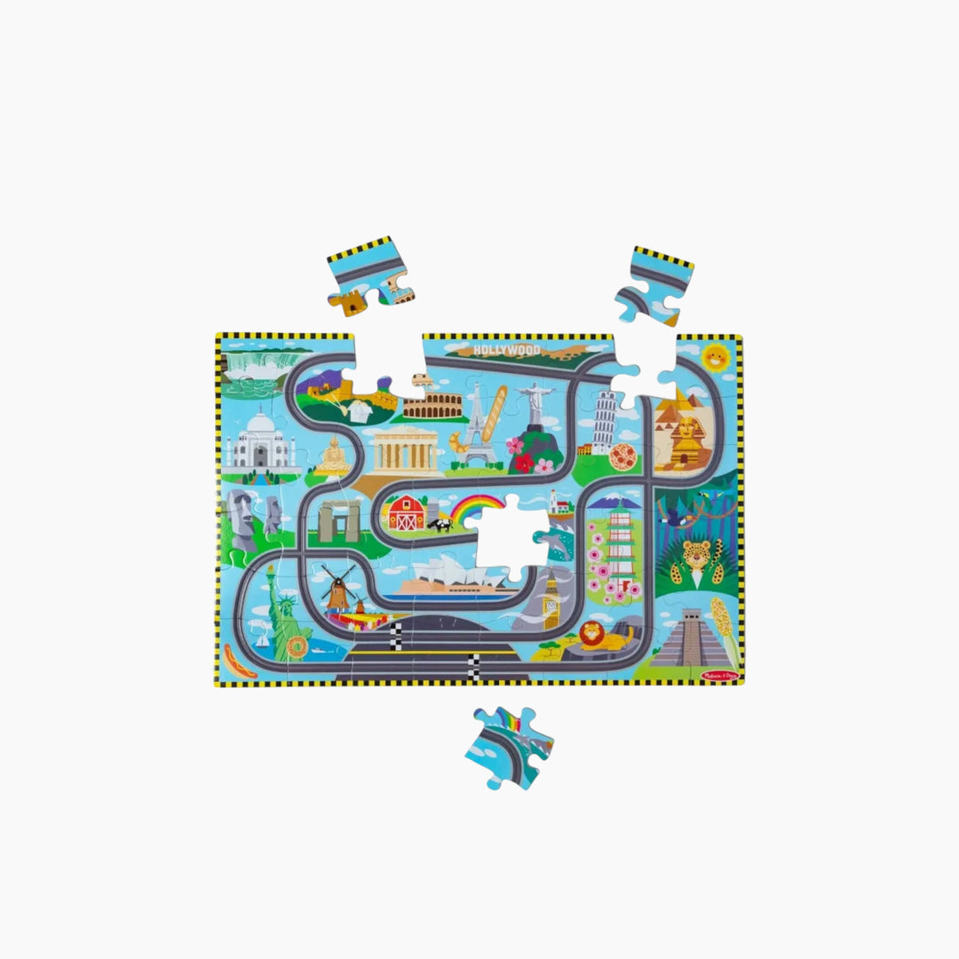 Melissa &amp; Doug 48-piece Race Around the World Tracks Floor Puzzle with two wind-up racecars