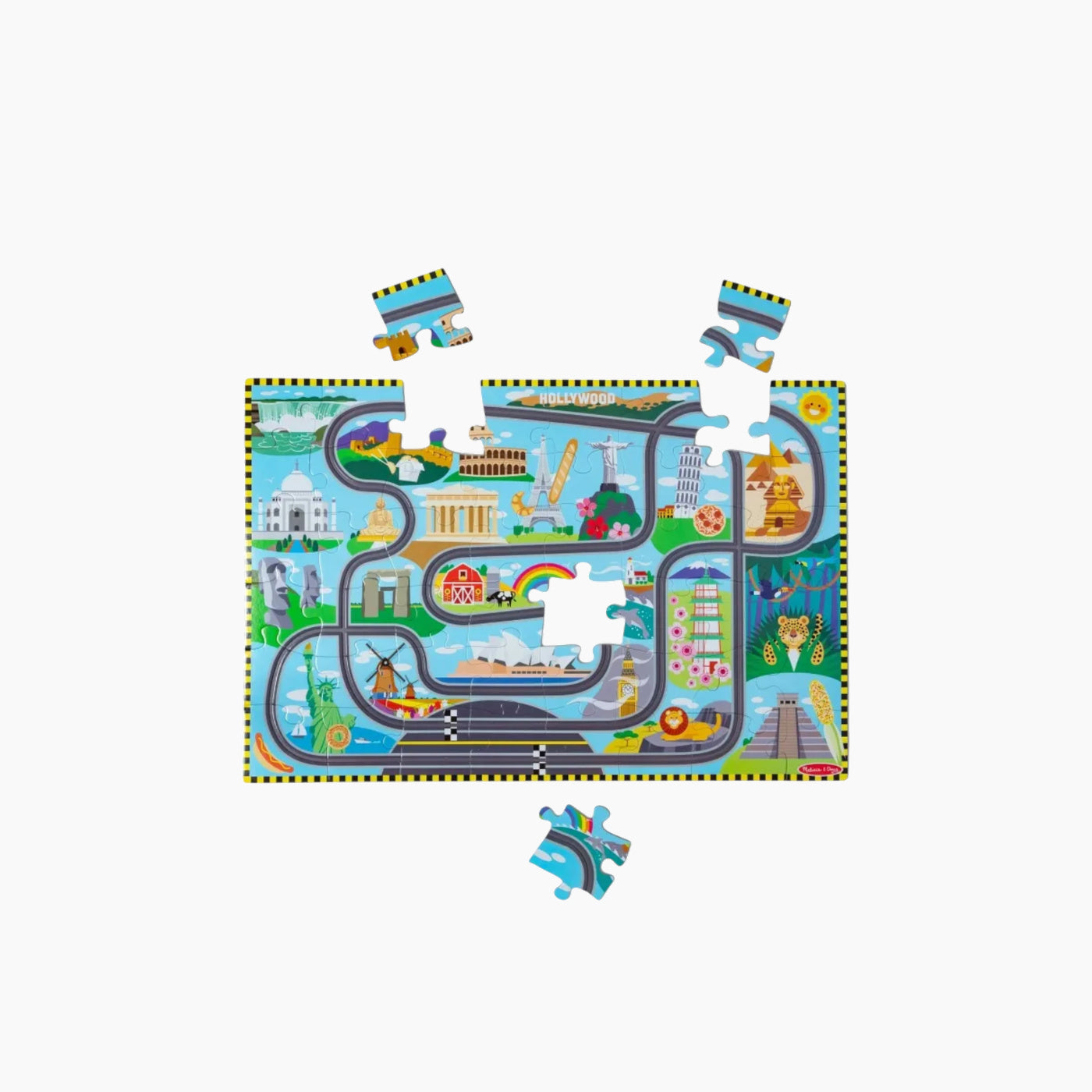 Melissa & Doug 48-piece Race Around the World Tracks Floor Puzzle with two wind-up racecars