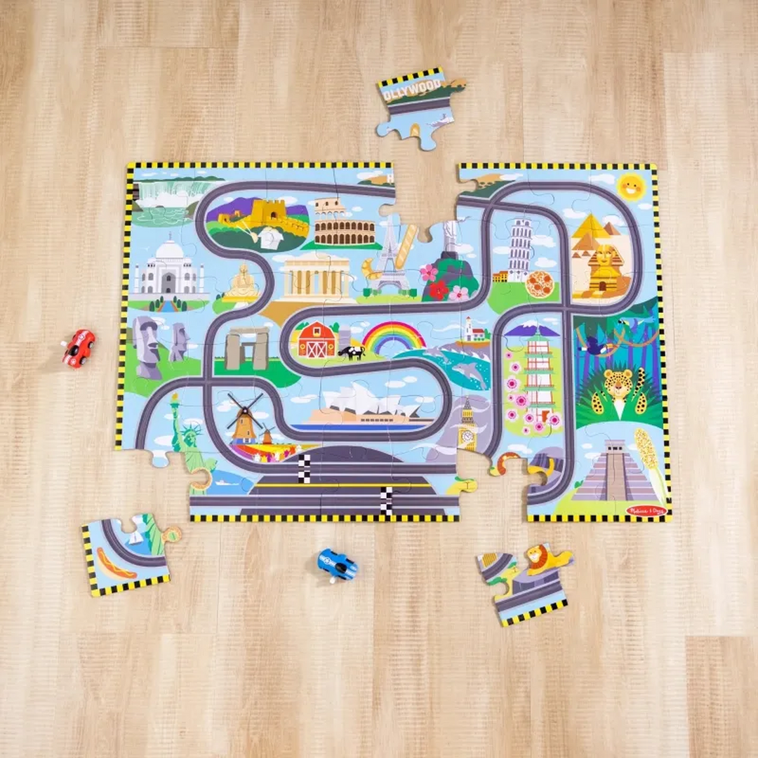Melissa &amp; Doug 48-piece floor puzzle with global landmarks and two wind-up racecars