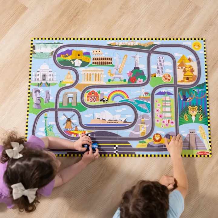 Melissa &amp; Doug 48-piece floor puzzle with global landmarks and two wind-up racecars
