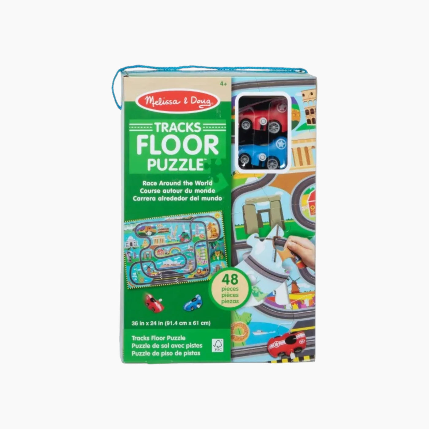 Melissa & Doug 48-piece Race Around the World floor puzzle with two wind-up racecars