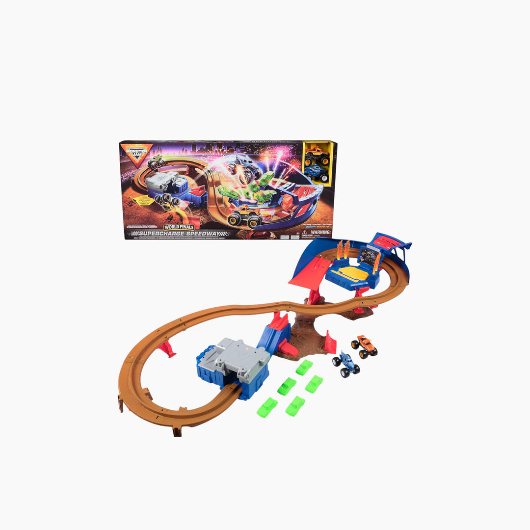Monster Jam Supercharge Speedway Playset with two 1:64 scale monster trucks