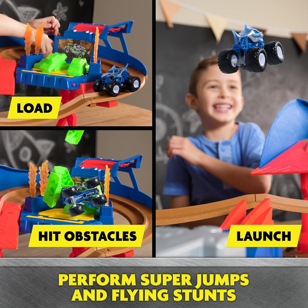 Monster Jam Supercharge Speedway Playset with two 1:64 scale monster trucks