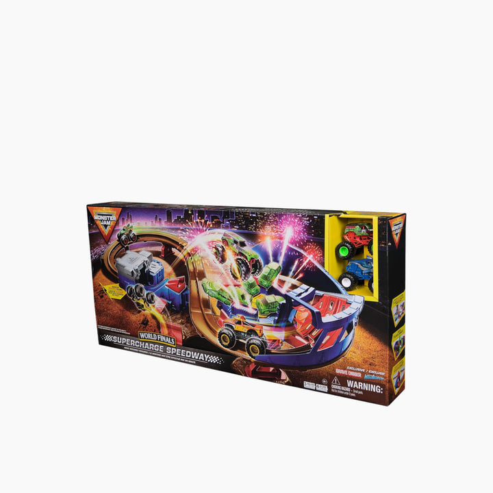 Monster Jam Supercharge Speedway Playset with two 1:64 scale monster trucks