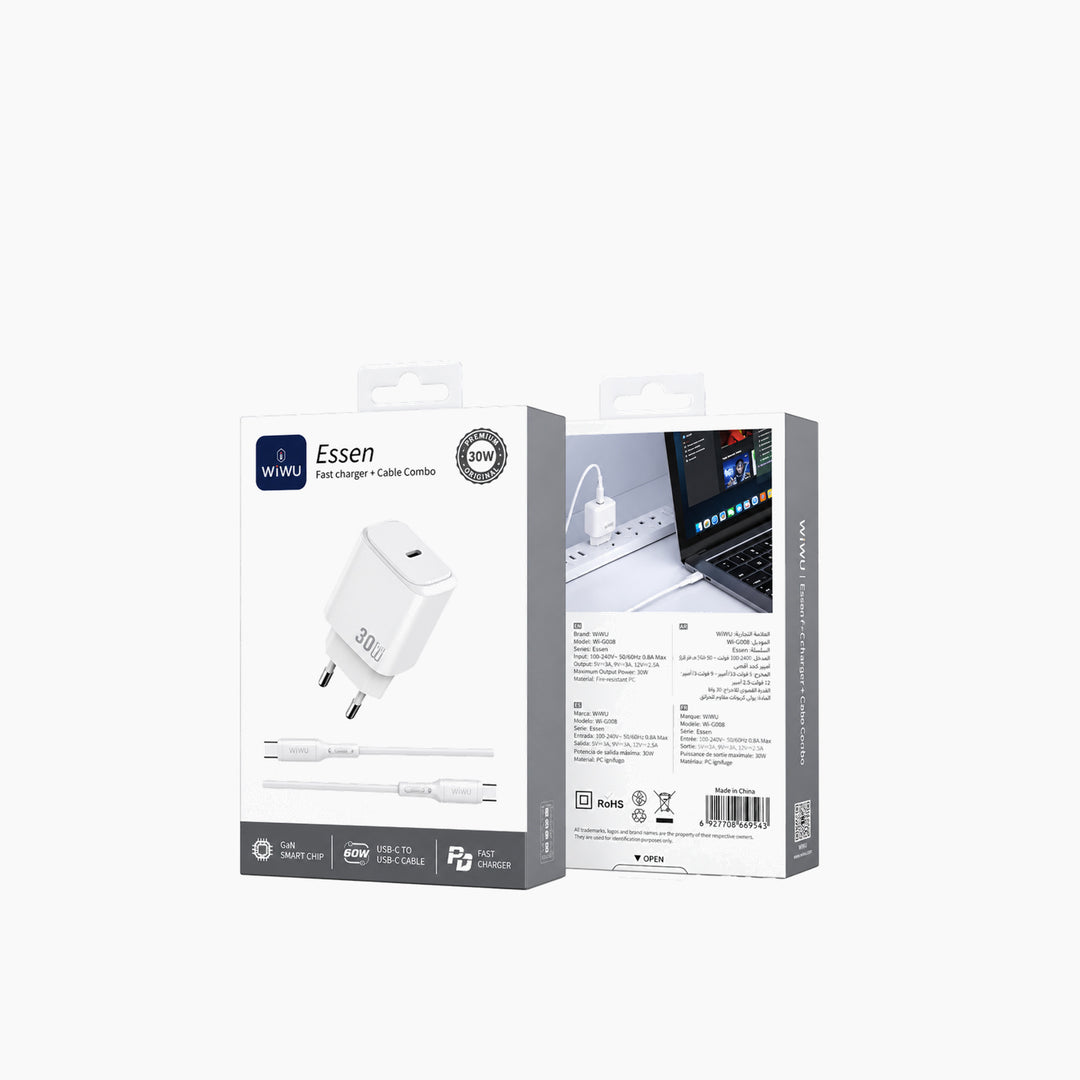 WiWU Essen 30W GaN Fast Charger with Cable Combo Wi-G008 (EU Plug + USB-C to USB-C Cable)