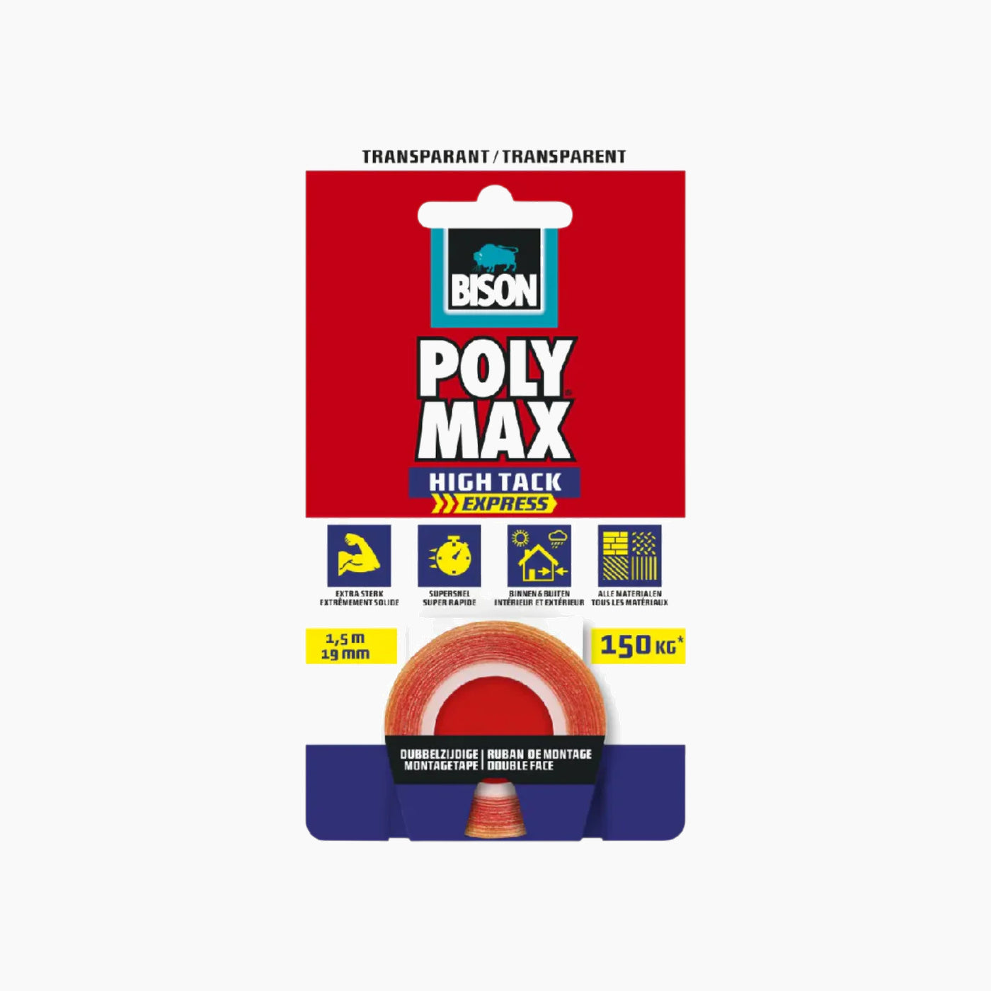 Bison Polymax double-sided transparent high tack mounting tape, 1.5M x 19mm