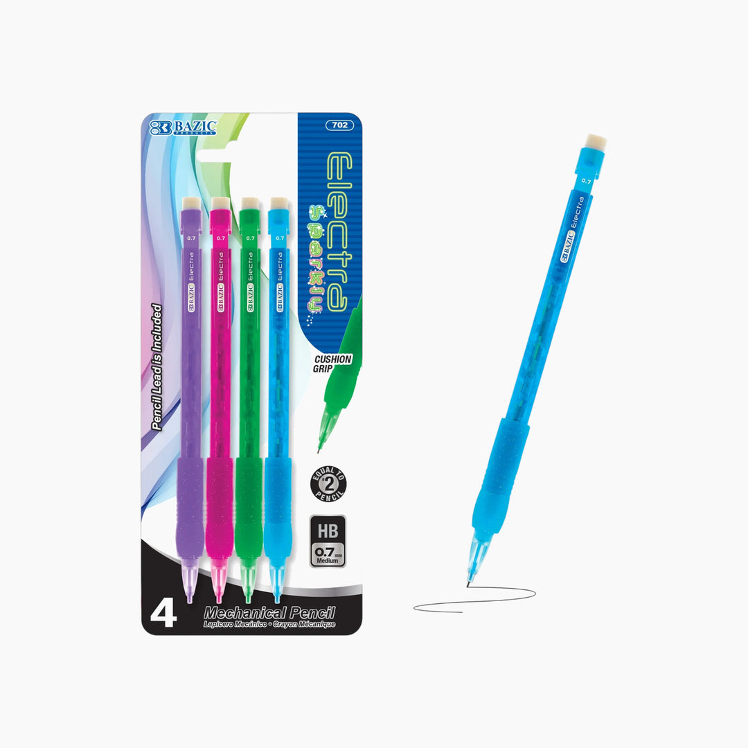 Bazic Electra Sparkly 0.7mm Mechanical Pencil with Glitter Grip 4-Pack