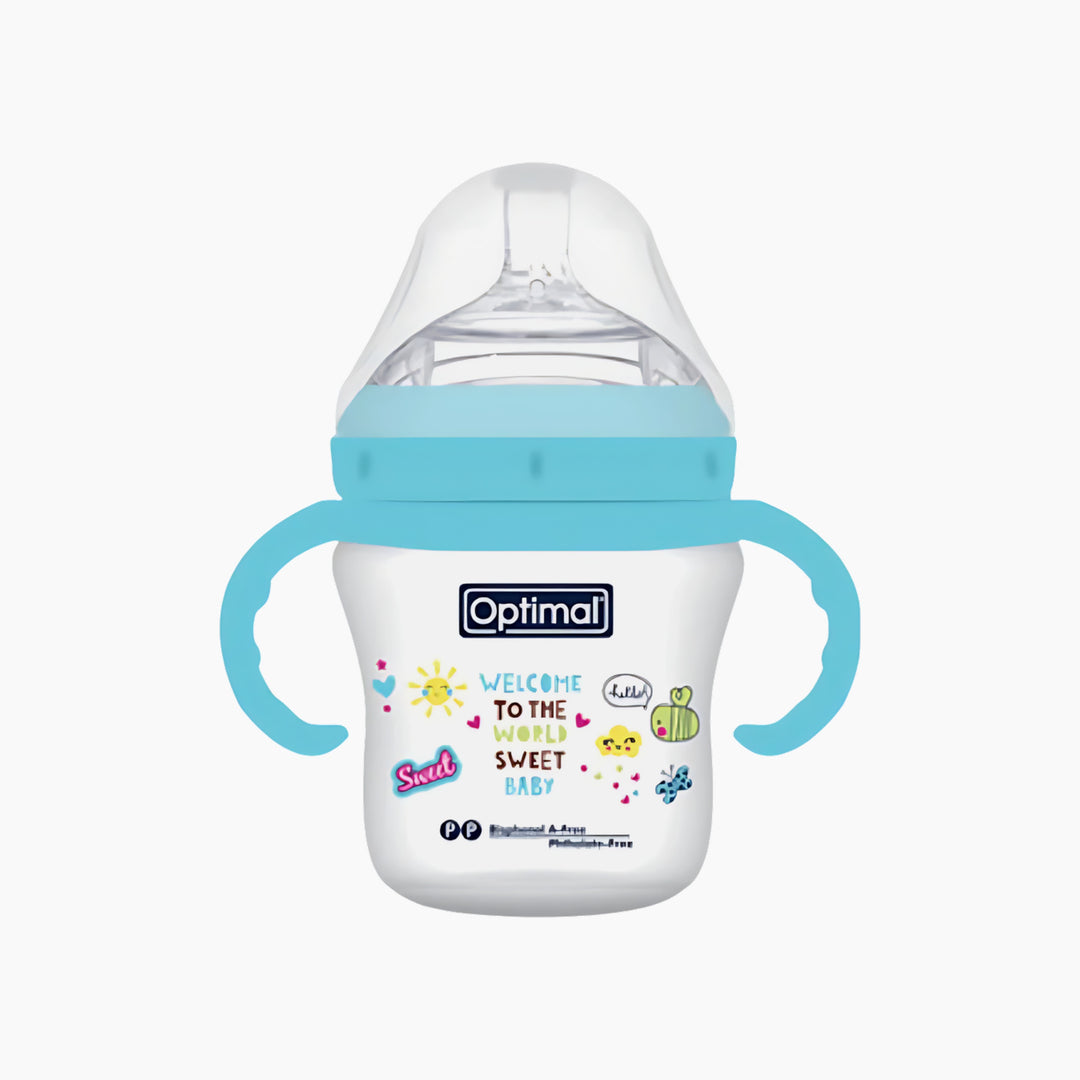 Optimal Mamilla Extra Wide Neck Feeding Bottle with Handle Double Anti-Colic System 210ml 6M+ Blue