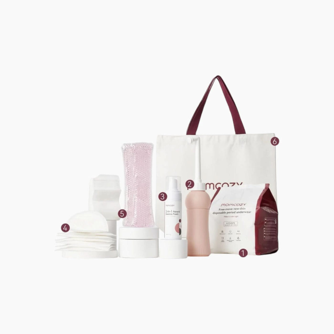 Momcozy Postpartum Recovery Essentials Kit with disposable underwear, cold gel pads, peri bottle, cooling foam, nursing pads, and tote bag.