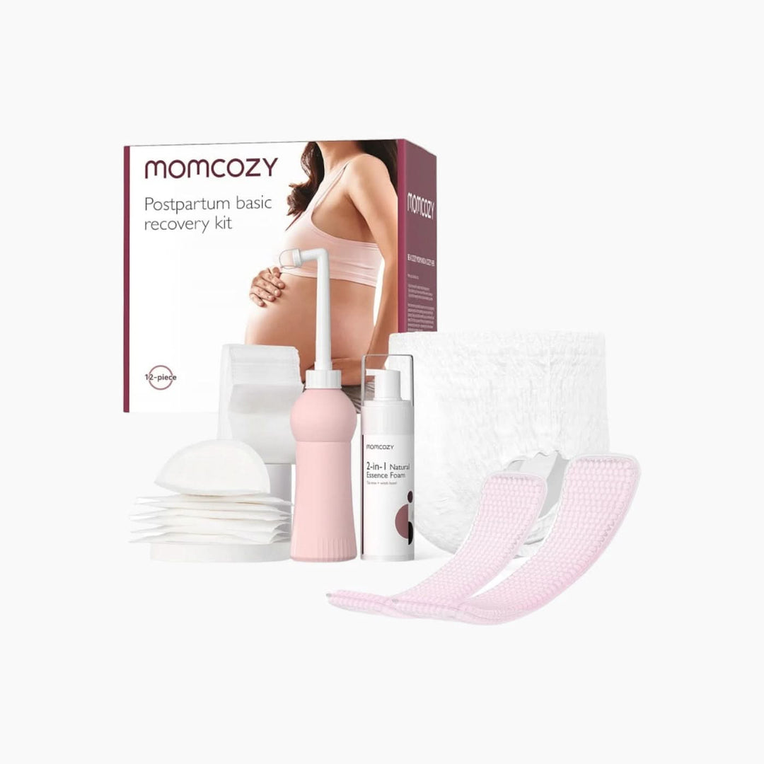 Momcozy Postpartum Recovery Essentials Kit with disposable underwear, cold gel pads, peri bottle, cooling foam, nursing pads, and tote bag.