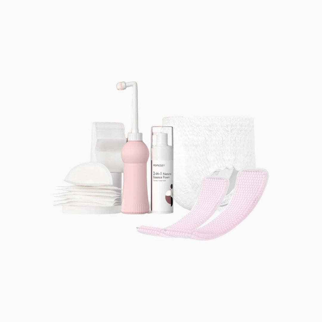Momcozy Postpartum Recovery Essentials Kit with disposable underwear, cold gel pads, peri bottle, cooling foam, nursing pads, and tote bag.
