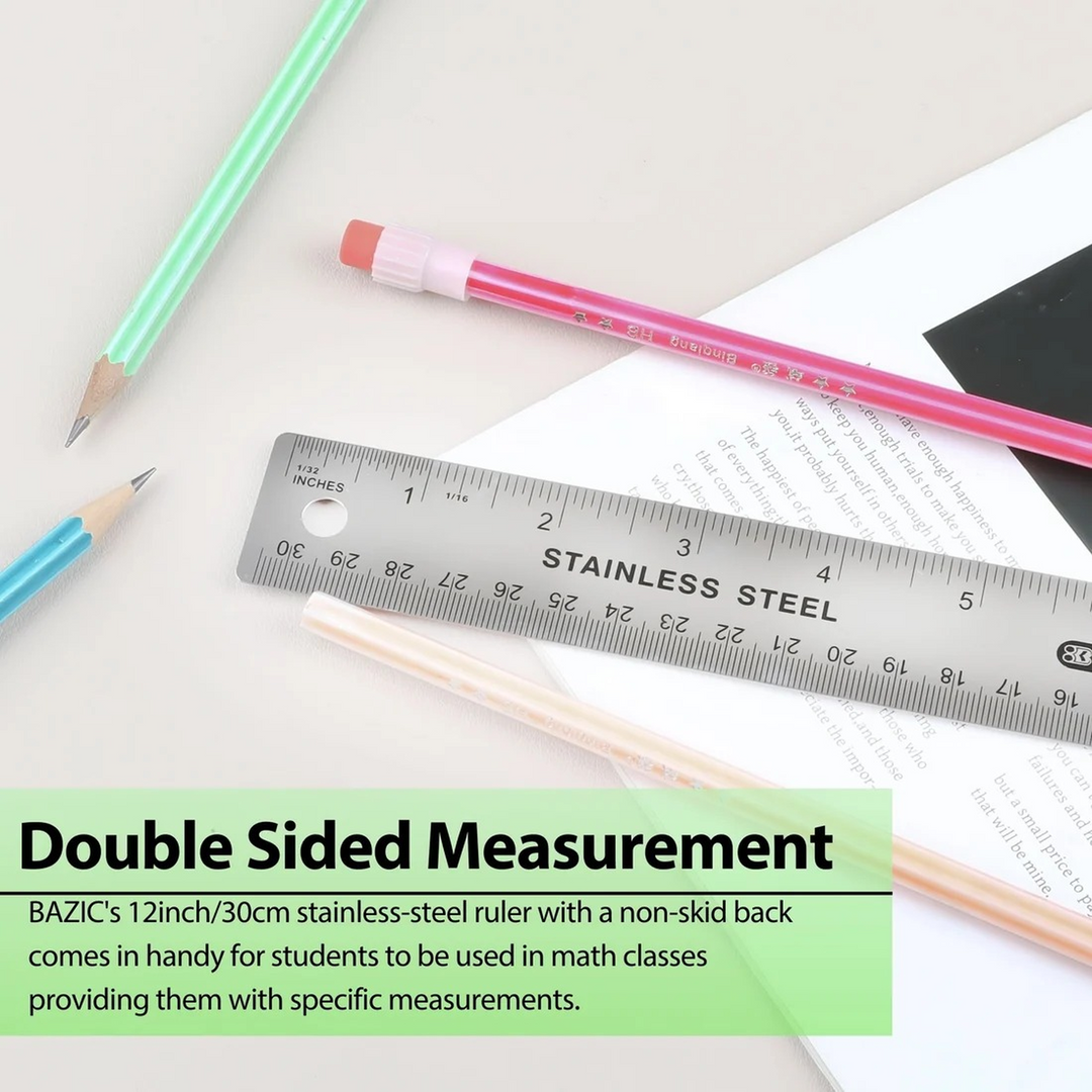 Bazic 12" Stainless Steel Ruler with Non-Skid Back - 30cm