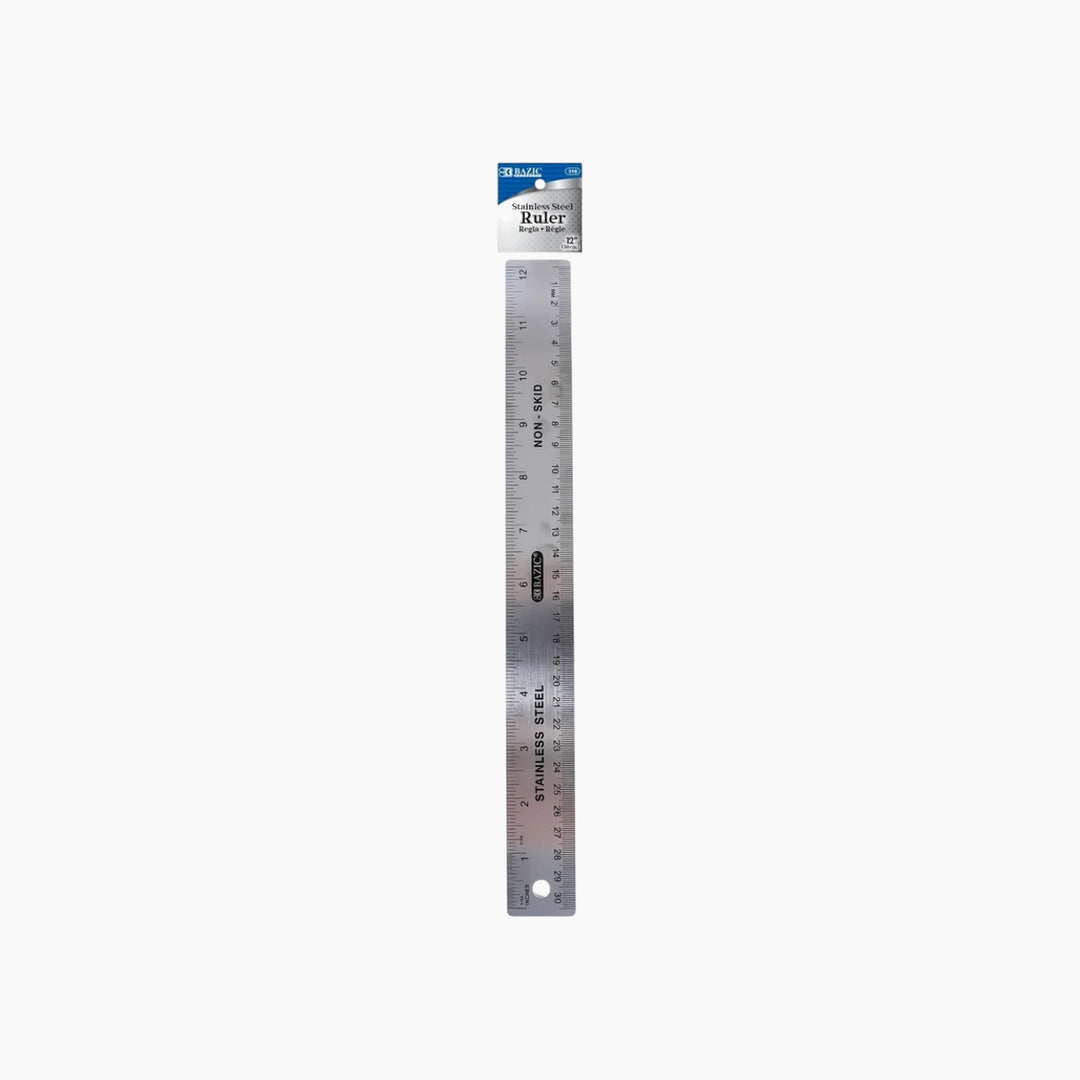 Bazic 12" Stainless Steel Ruler with Non-Skid Back - 30cm