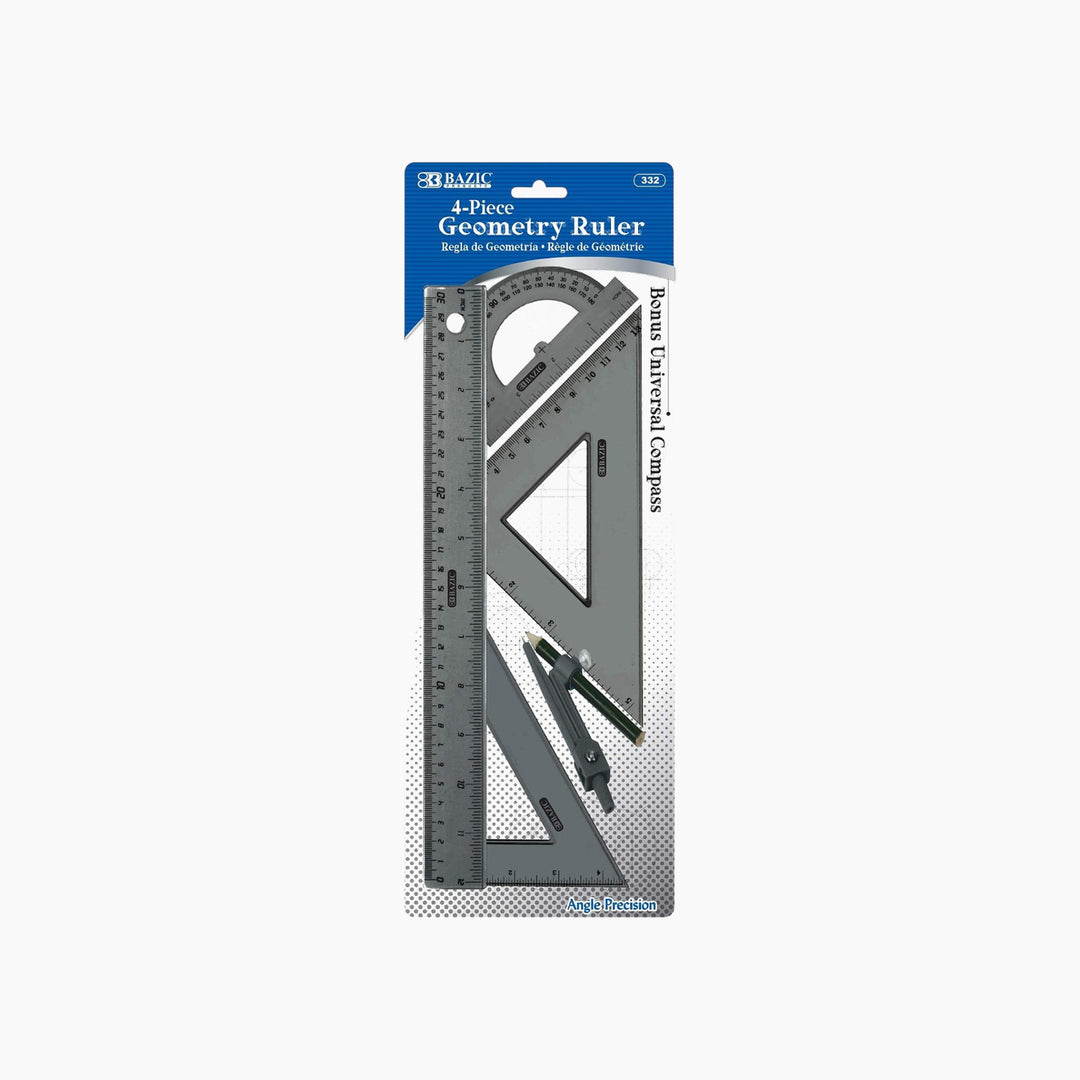 Bazic 4-Piece Geometry Ruler Set with Compass